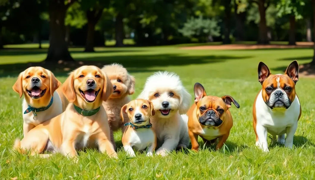 Various dog breeds playing on grass under a sunny sky with trees.
