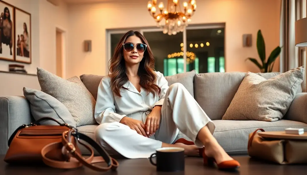 A petite woman in chic loungewear ready for movie night.