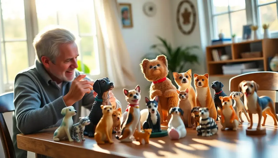 A pet owner enjoys a vibrant collection of detailed animal-themed collectible figures on a sunlit table.