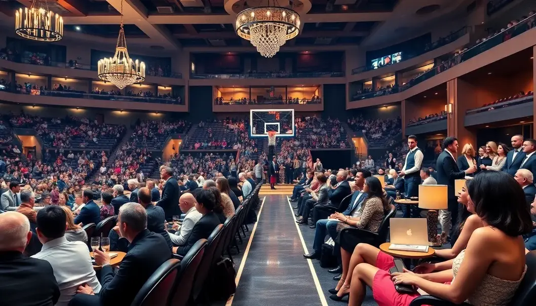 A photorealistic elegant NBA game setting with luxurious amenities and stylish audience.