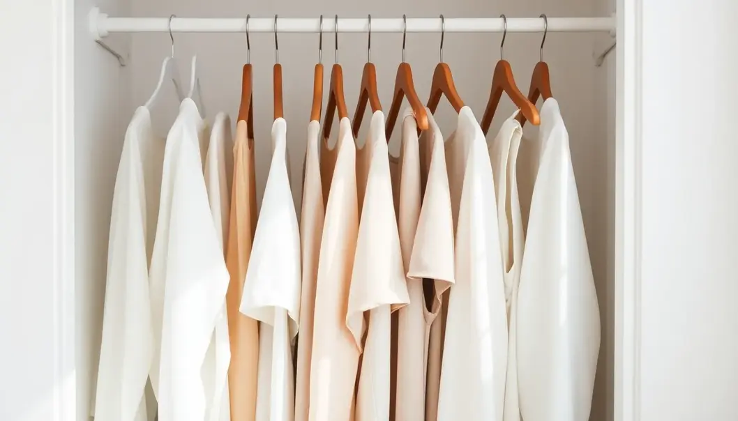 An organized minimalist wardrobe with neatly arranged clothing on wooden hangers, bathed in soft natural light.