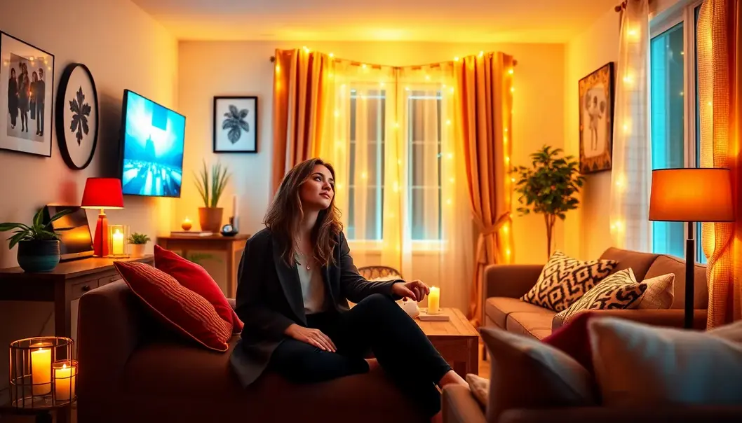 Home movie night setup with stylish decor and comfortable seating.