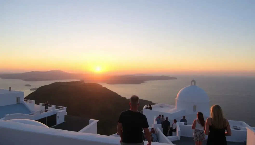Visitors enjoying a romantic sunset in Santorini.