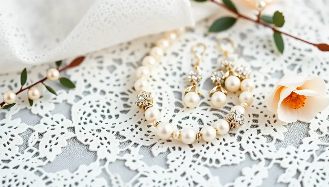 A timeless pearl and diamond bridal set elegantly displayed.