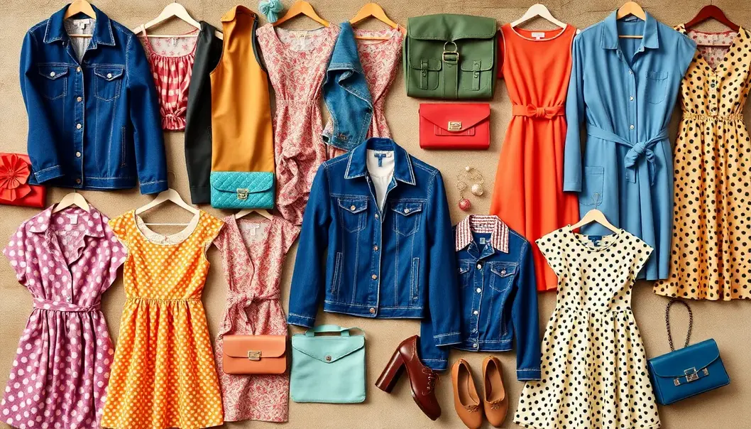 Collage of colorful vintage fashion items, including dresses, jackets, and accessories.