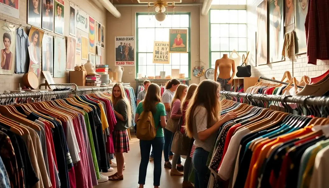 Teens exploring a vintage store packed with retro treasures.