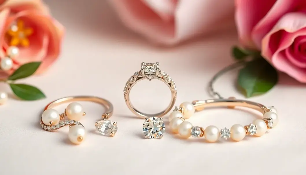 Diamond ring, pearl earrings, and nature-inspired bracelet against a romantic background.